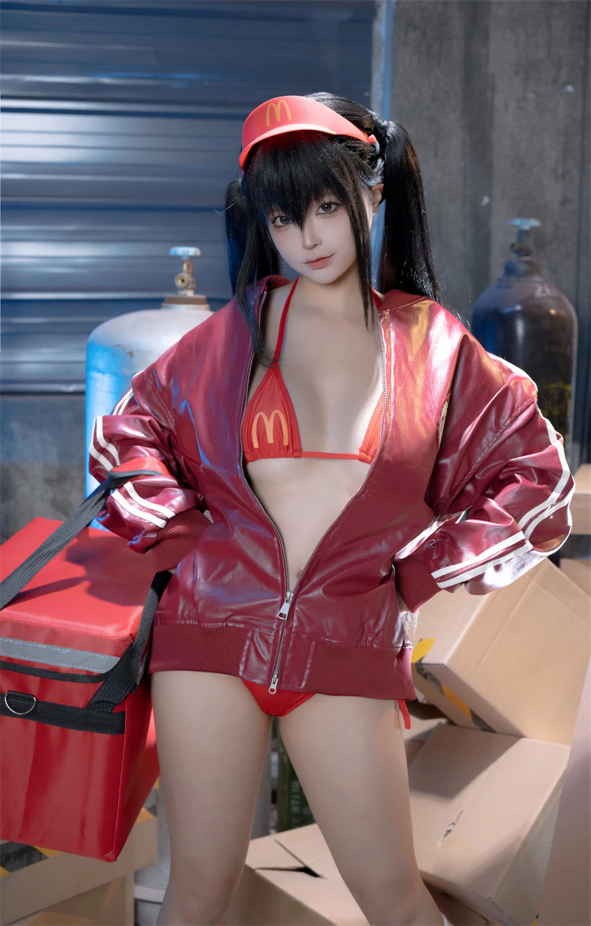 图片[1]-蠢沫沫麥門主題私房性感紅色情趣內衣配白色長襪-黑狗绅士局